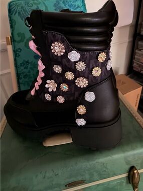 Steve Madden Black Combat Boots with Pink Laces and Rhinestone Floral Accents
